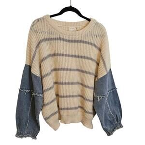 Dreamers by Debut Cream Gray Stripe Sweater with Denim Sleeves – Size XL